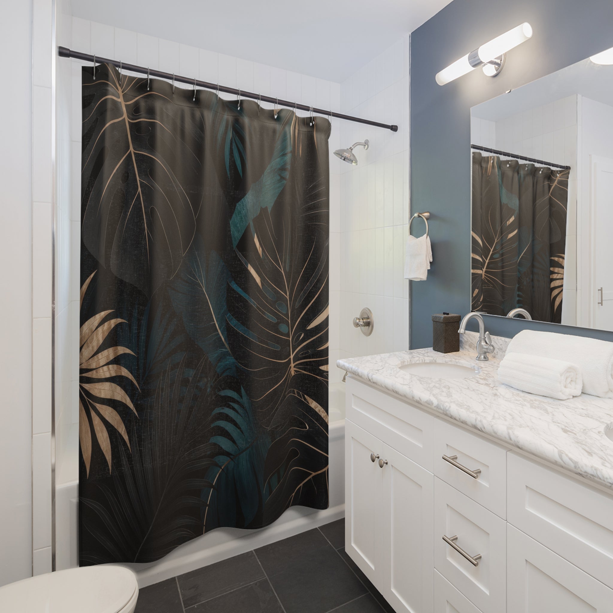 Black Monstera Palm Shower Curtain