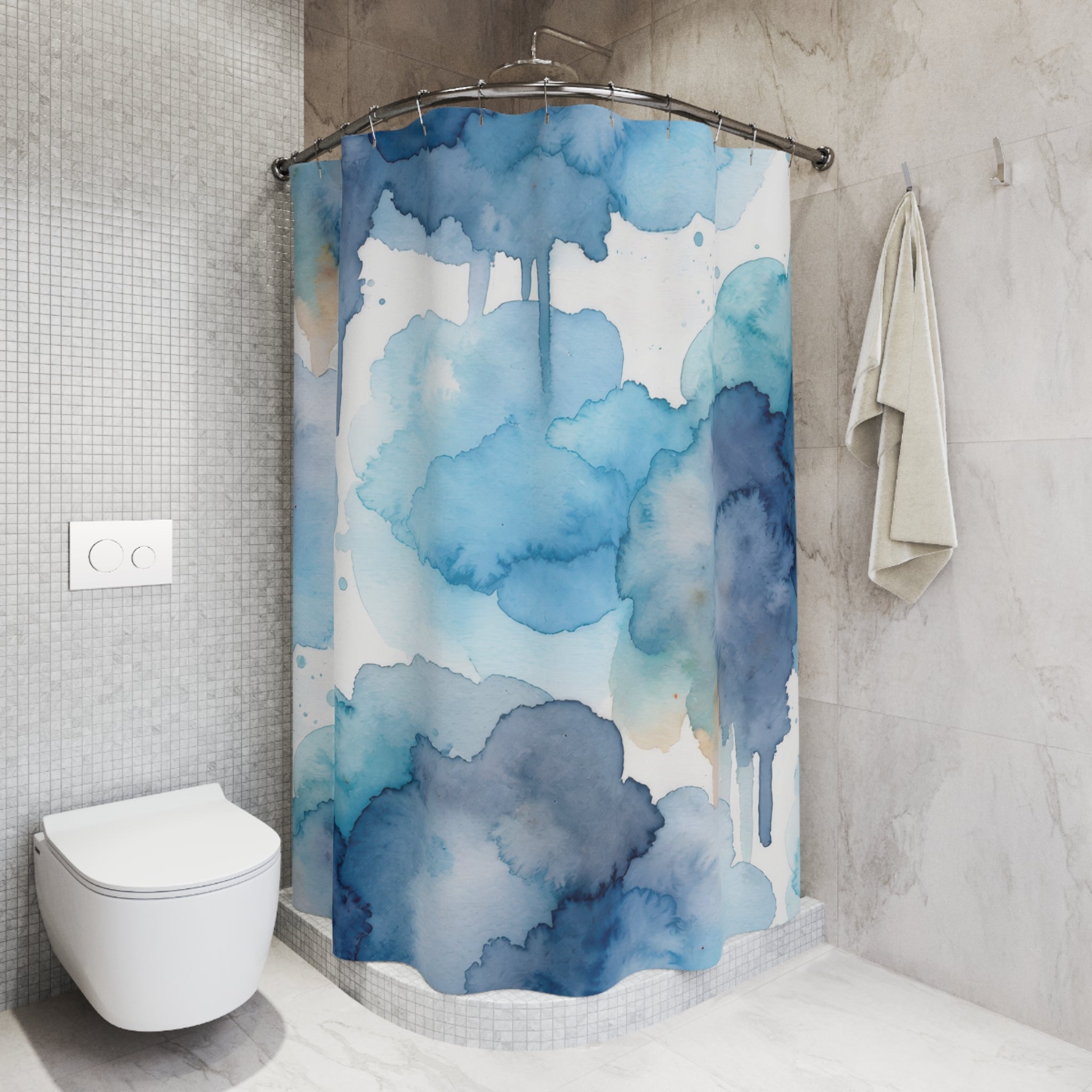 Blue Watercolor Ink Wash Shower Curtain