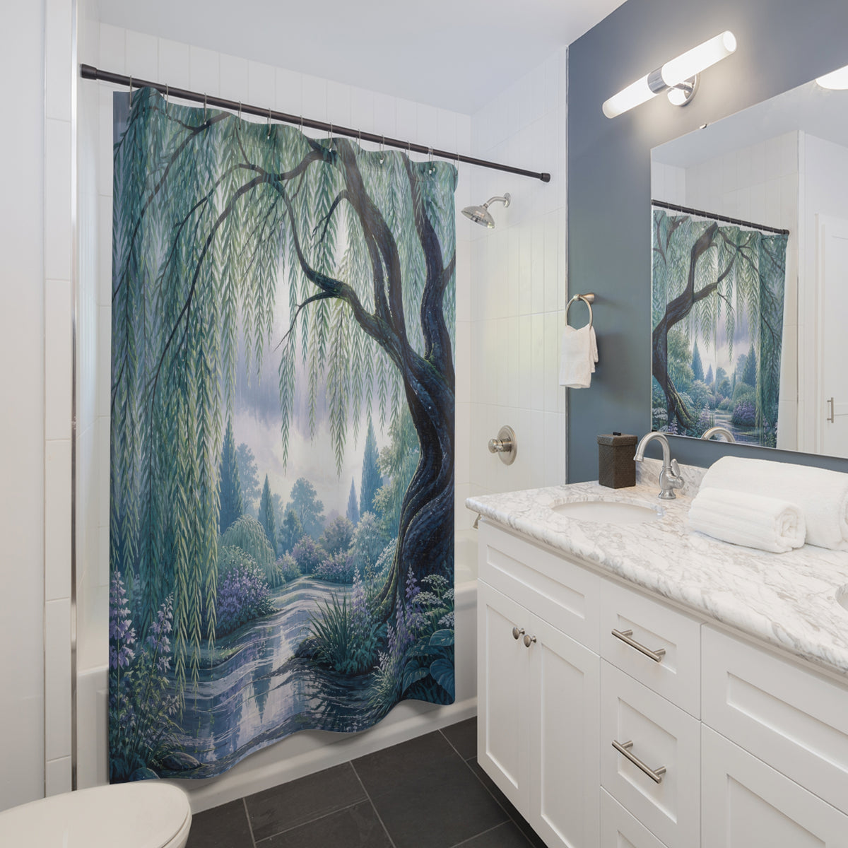 Blue willow tree framing a lavender garden pond shower curtain beside a white vanity