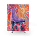 Glossy retro roller skate over a pastel disco starburst shower curtain with full front view