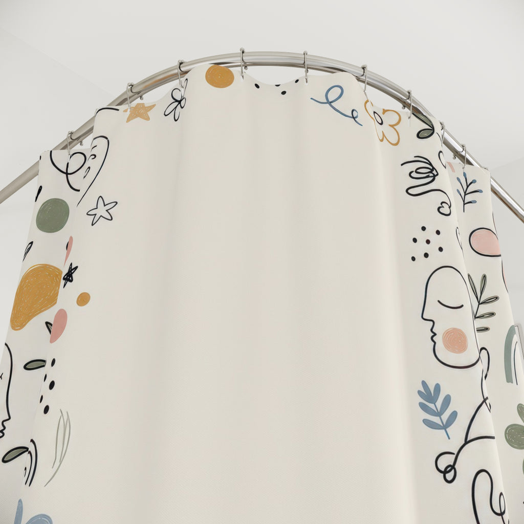 Doodle Border Shower Curtain, Hand Drawn Flower Bath Decor, Black Ivory Sage Blush Line Art Frame, Playful Guest Bathroom Style Decor