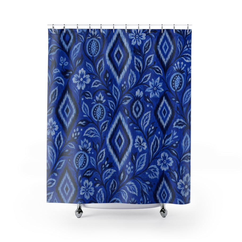 Blue Ikat Floral Shower Curtain, Indigo Blue Bohemian Bathroom Decor, Ikat Floral Bath Curtain, Guest Bath Decor, Small Bathroom Decor