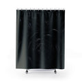 Three oversized black peonies with charcoal rim light shower curtain, full front view