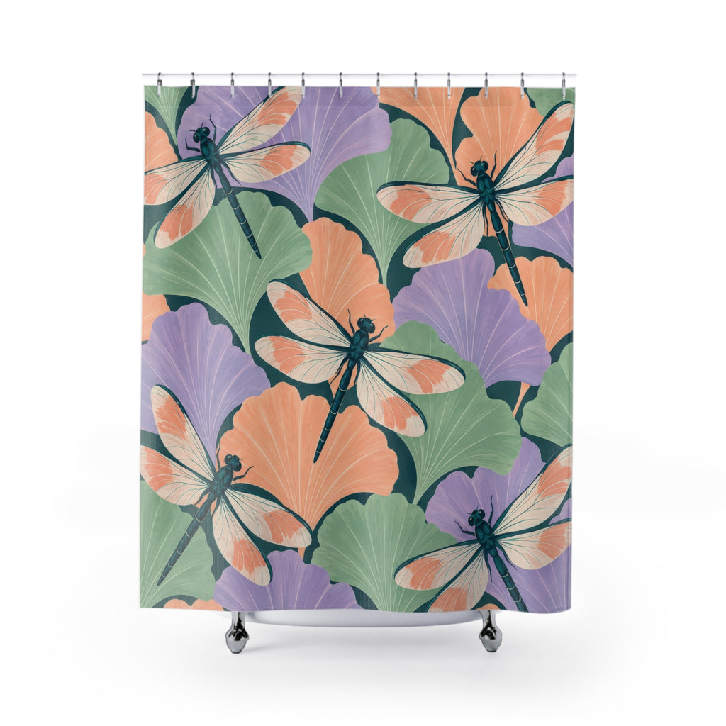 Pastel ginkgo leaves and teal dragonflies shower curtain with full front view