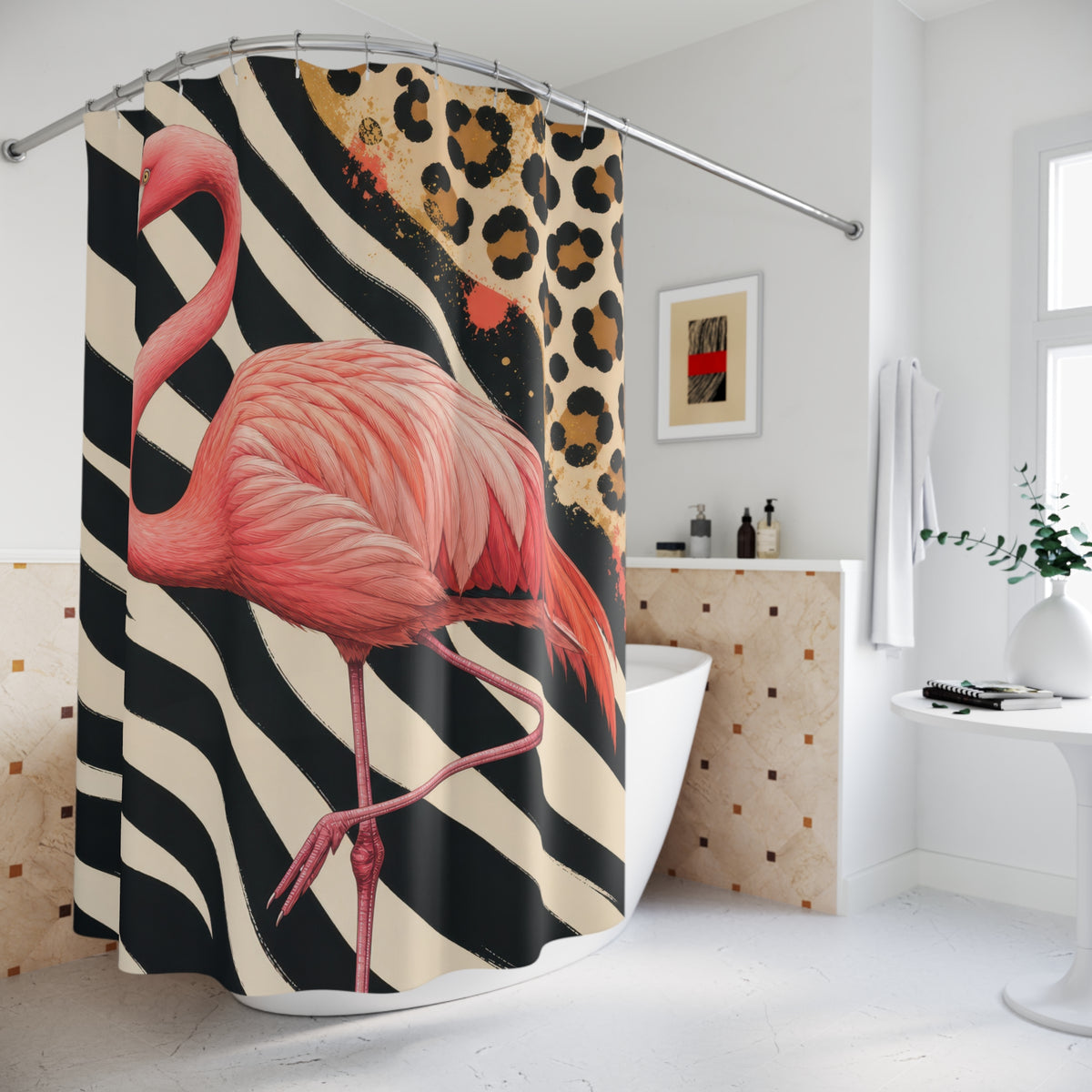 Pink flamingo striding across zebra and leopard patterns shower curtain beside a freestanding tub
