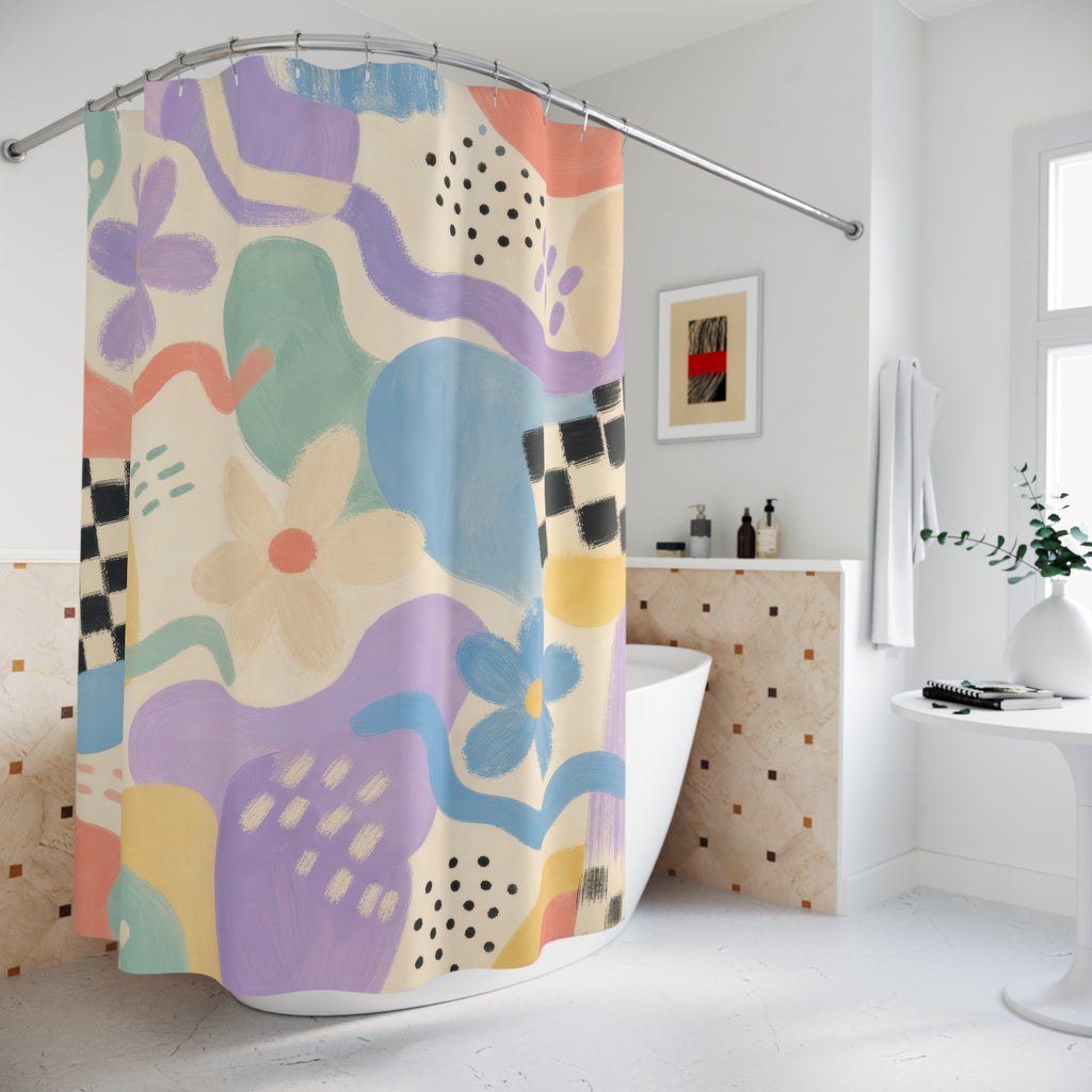 90s Abstract Shower Curtain, Painterly Pastel Flower Bath Decor, Sky Blue Lavender Checker Pattern, Retro Guest Bathroom Style Decor