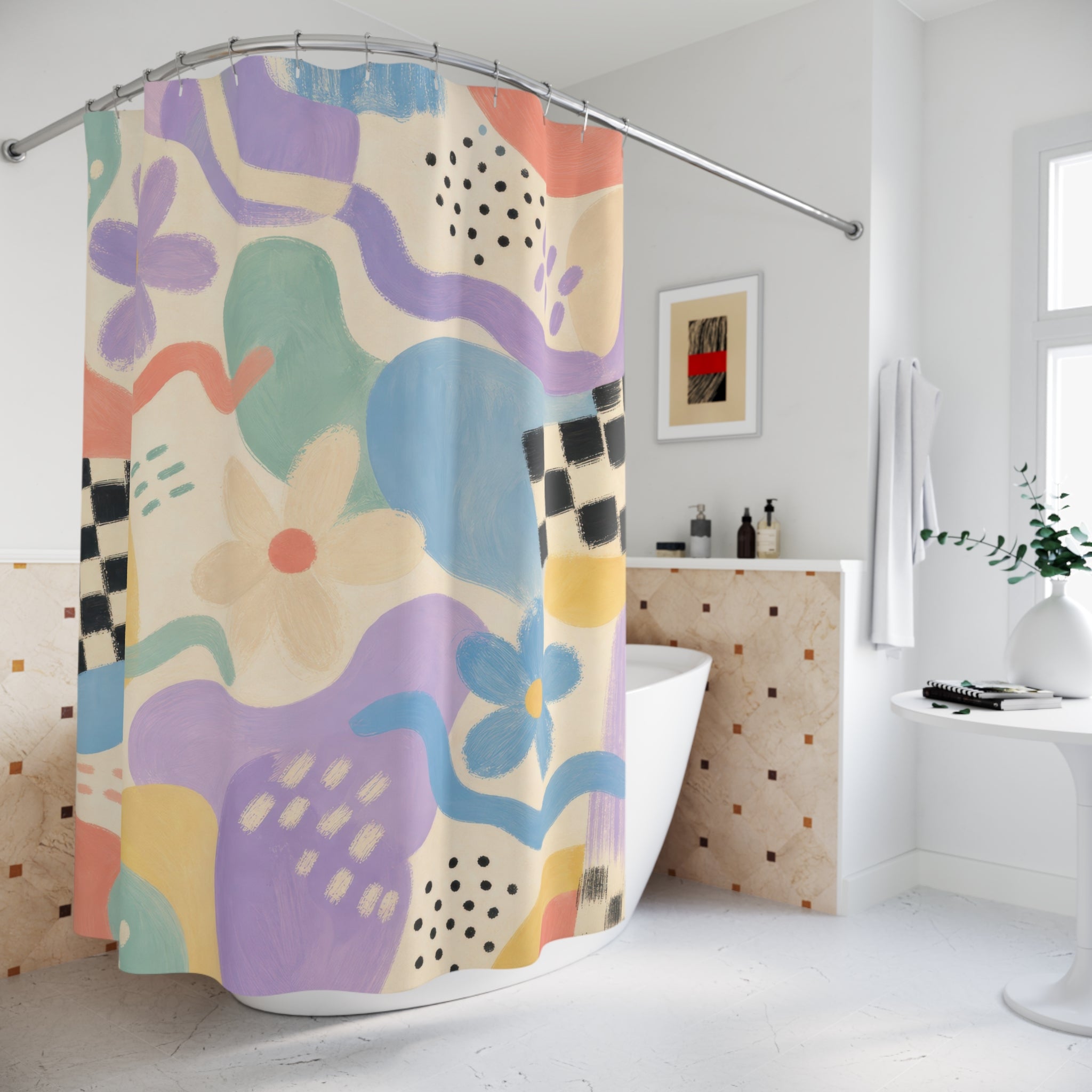 90s Abstract Shower Curtain, Painterly Pastel Flower Bath Decor, Sky Blue Lavender Checker Pattern, Retro Guest Bathroom Style Decor