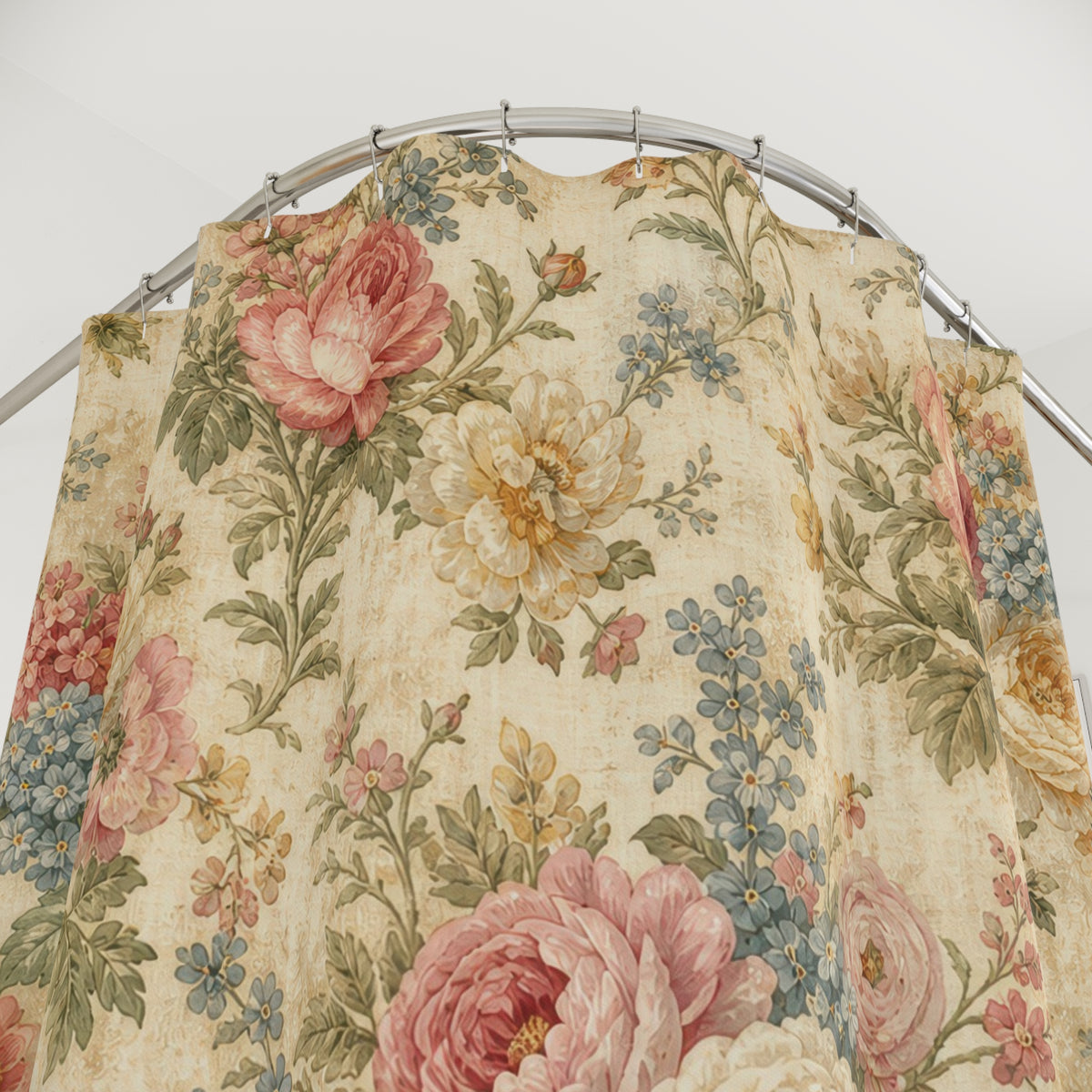 Rose Bouquet vintage floral pattern shower curtain with close-up print, hooks, and folds