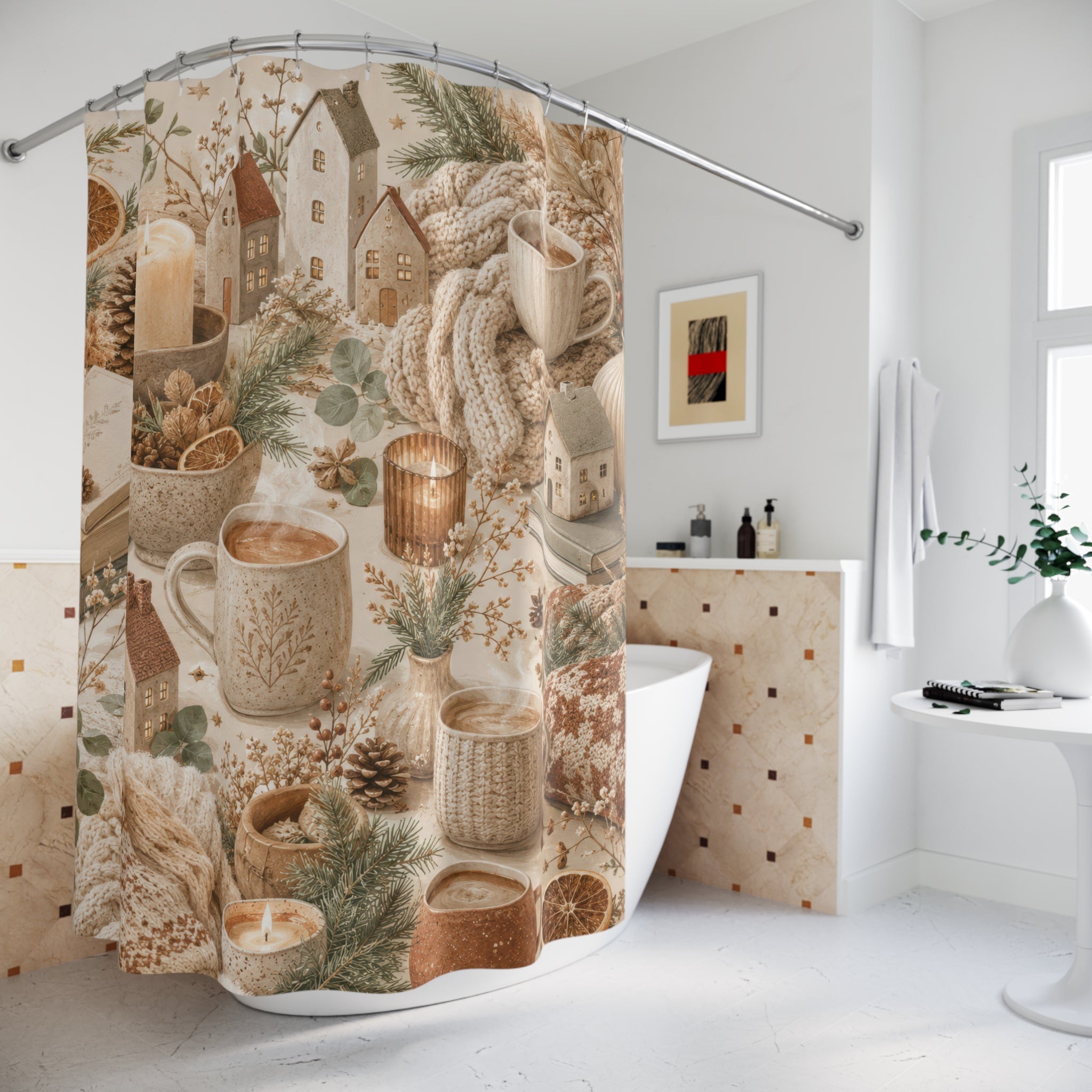 Hygge Winter Shower Curtain: Cream Beige Christmas