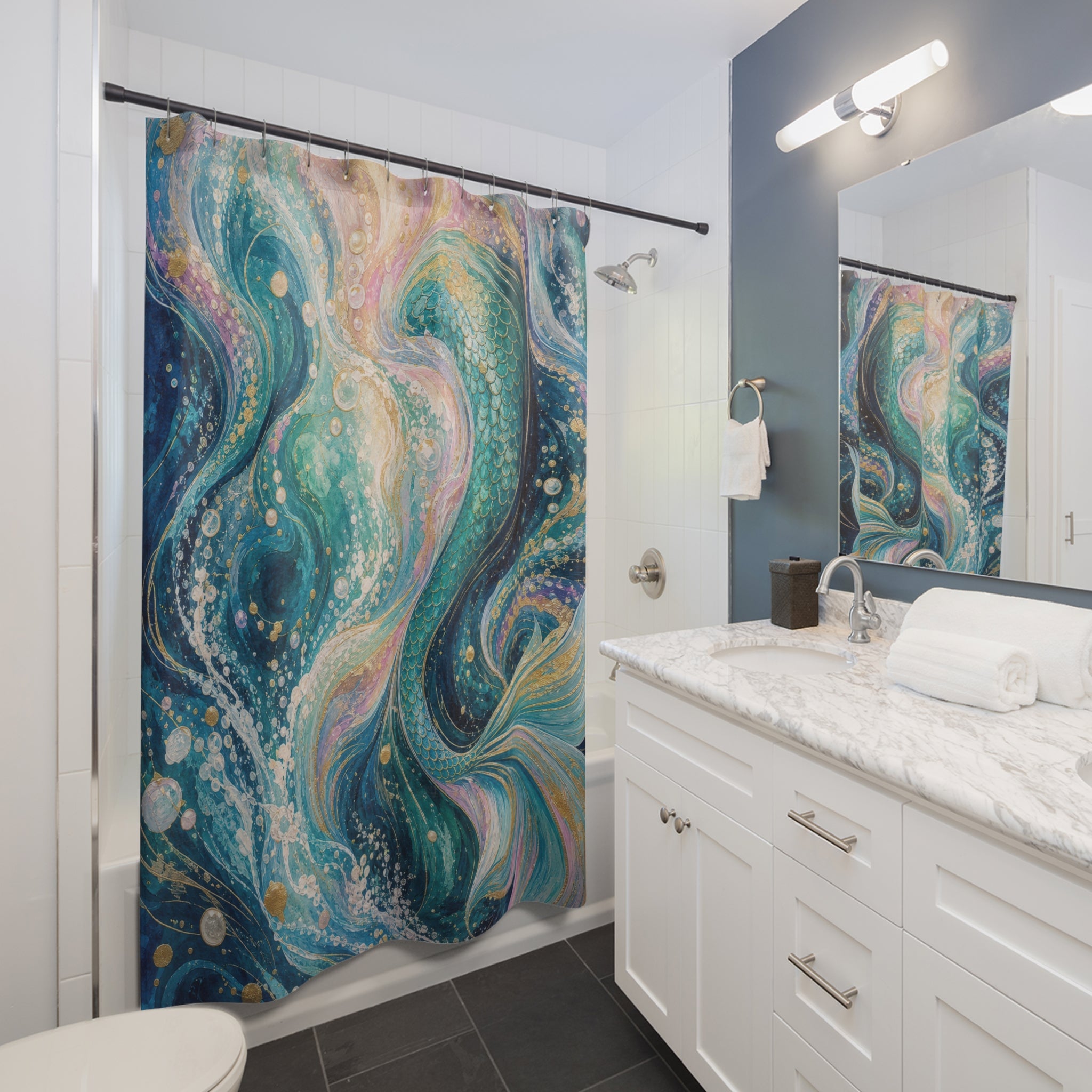 Abstract Aqua Tail Swirl Shower Curtain