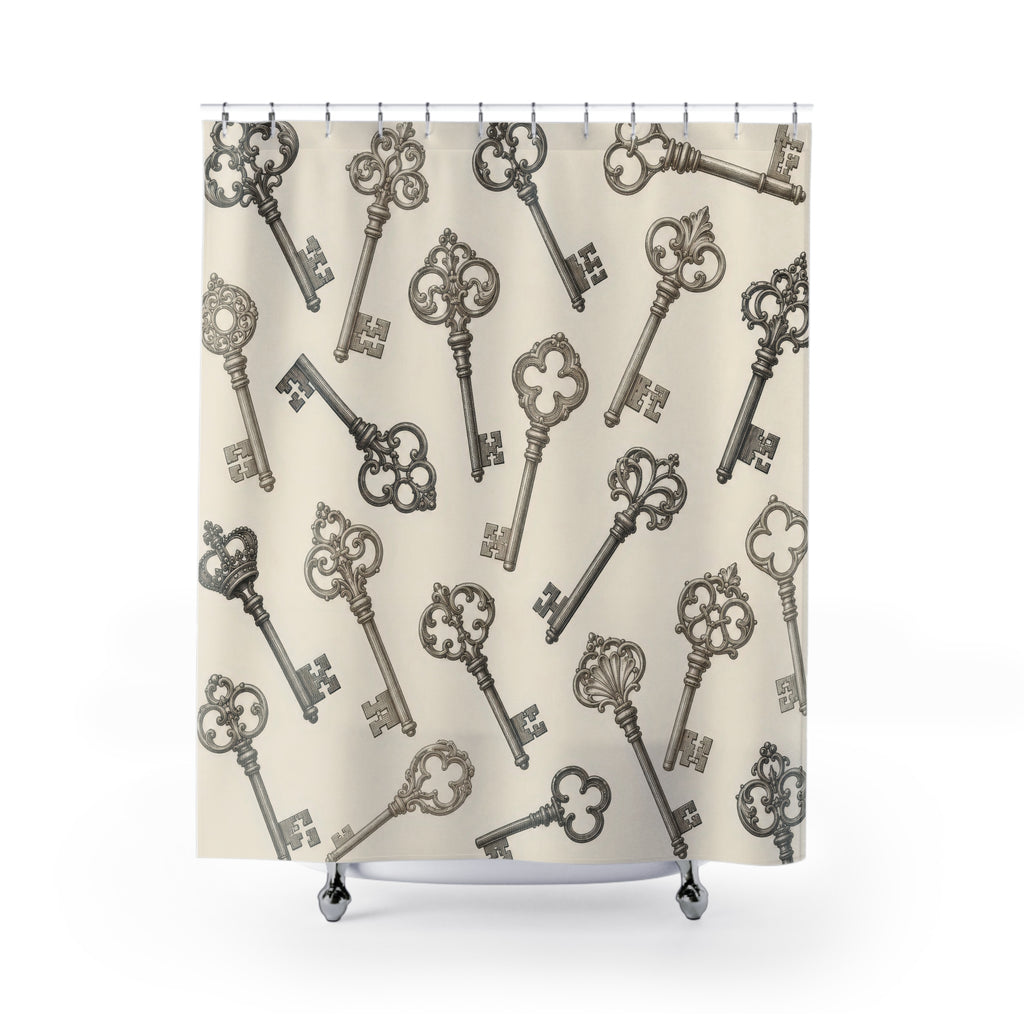 Taupe and charcoal skeleton keys on ivory shower curtain with full front view