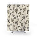 Taupe and charcoal skeleton keys on ivory shower curtain with full front view