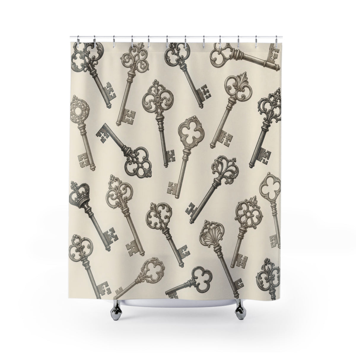 Taupe and charcoal skeleton keys on ivory shower curtain with full front view
