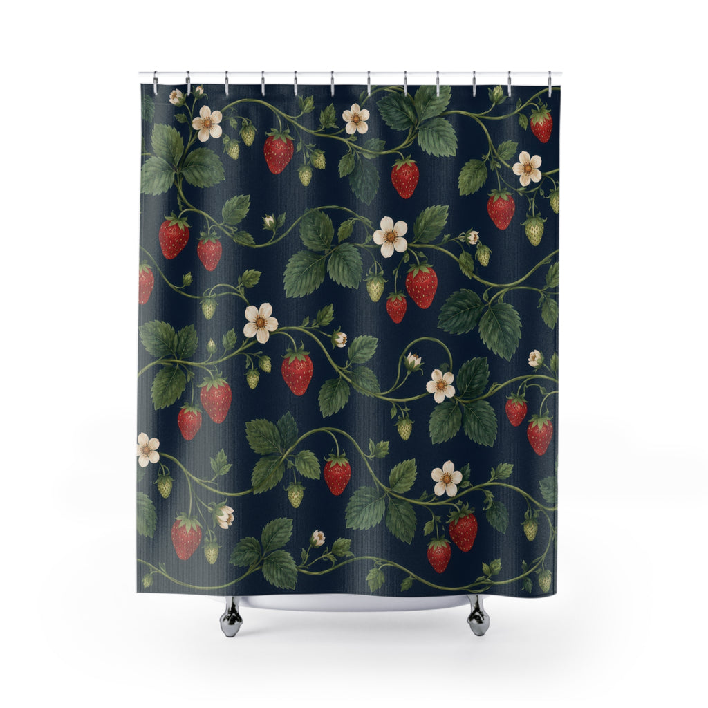 Red strawberries and ivory flowers on navy shower curtain with full front view