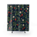 Red strawberries and ivory flowers on navy shower curtain with full front view