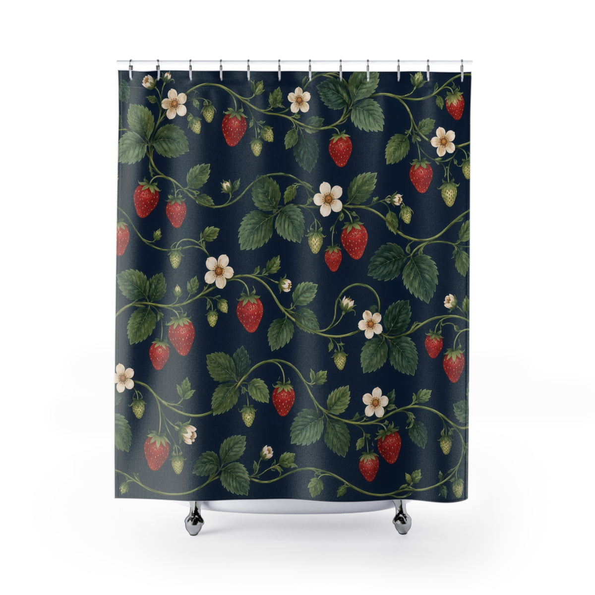 Red strawberries and ivory flowers on navy shower curtain with full front view