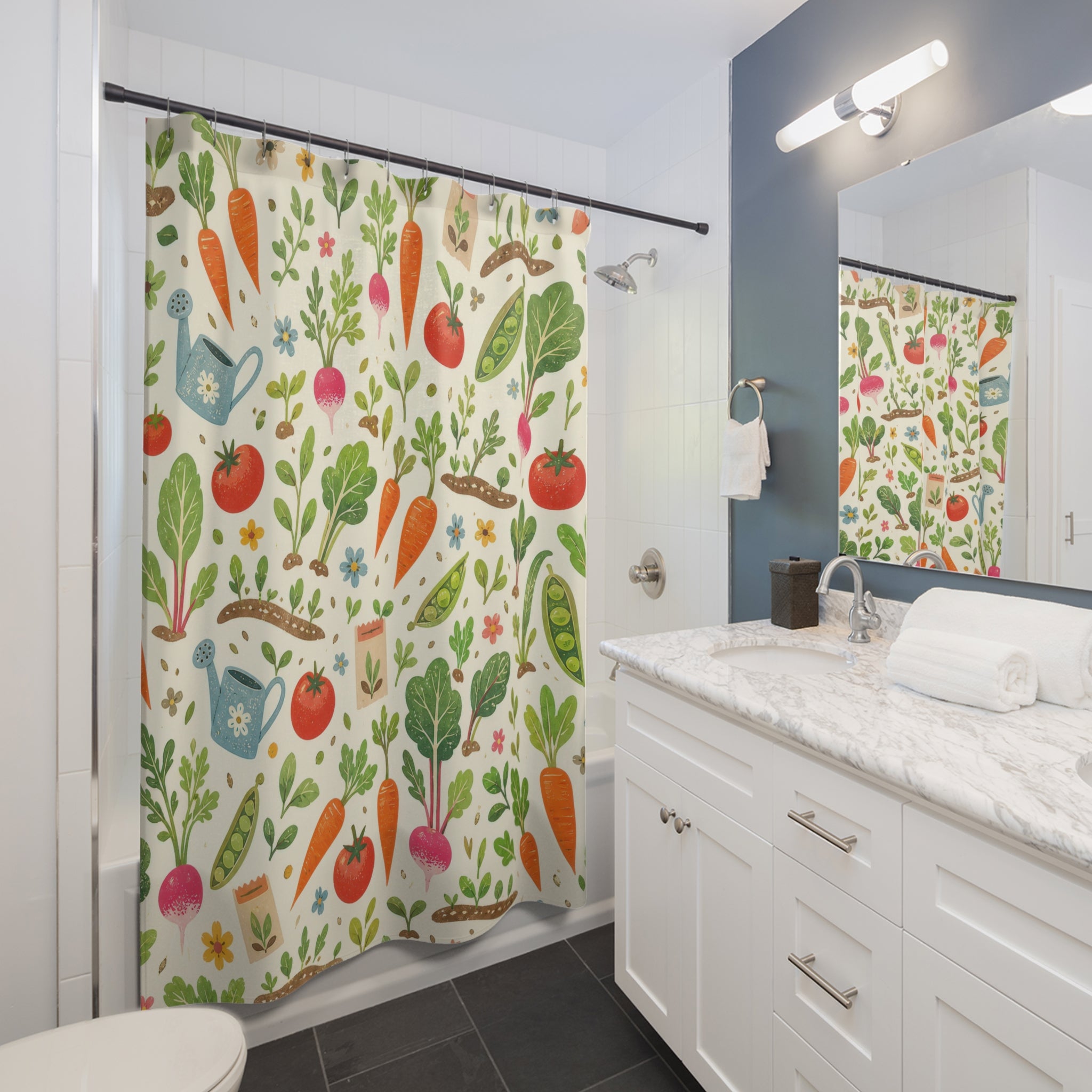 Kids Garden Shower Curtain, Vegetable Tomato Carrot Pattern, Fresh Botanical Bathroom Decor, Homeschool Garden Wall Guest Bath Gift