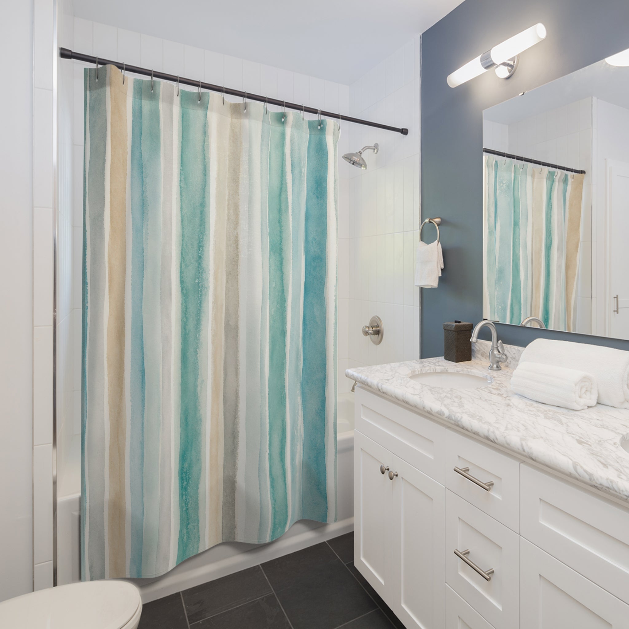 Turquoise Watercolor Vertical Stripe Shower Curtain