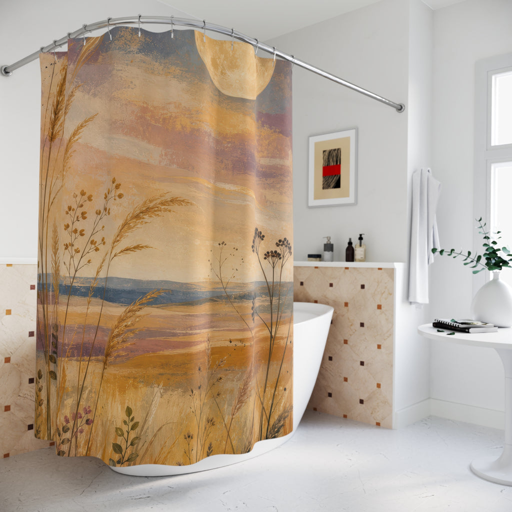 Golden Grassland Moonrise Shower Curtain