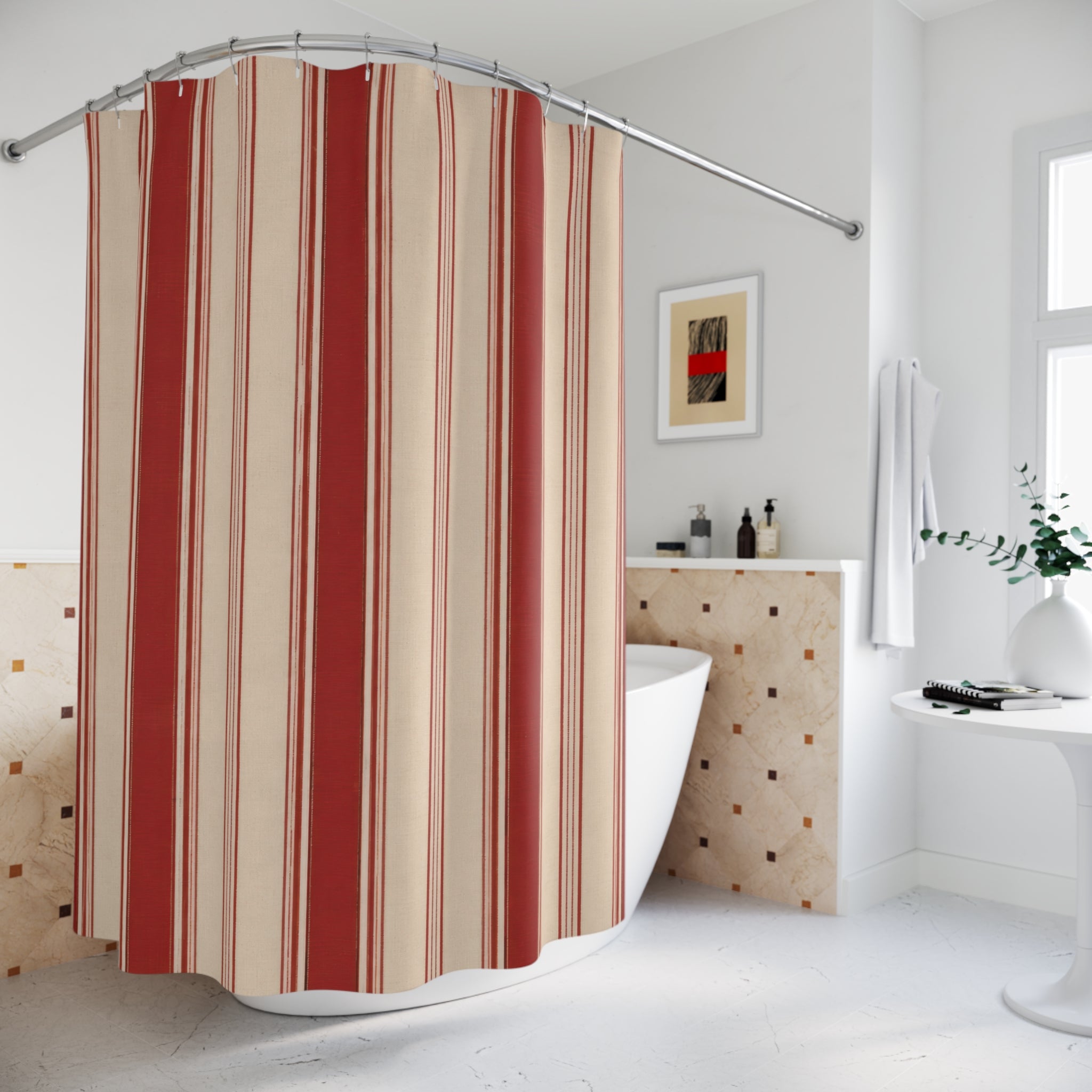 Red White Vintage Hotel Stripe Shower Curtain