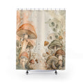 Peach and sage mushroom meadow on ivory shower curtain with full front view