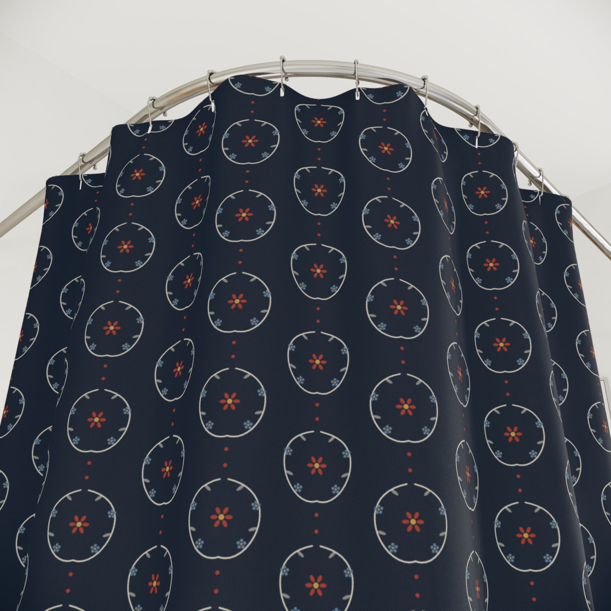 Rosemaling Shower Curtain – Norwegian Folk Art Navy