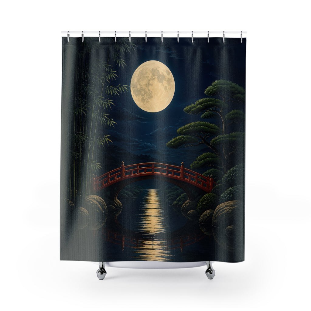 Vermilion bridge beneath a full moon in an indigo garden shower curtain with full front view