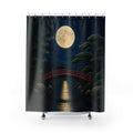 Vermilion bridge beneath a full moon in an indigo garden shower curtain with full front view