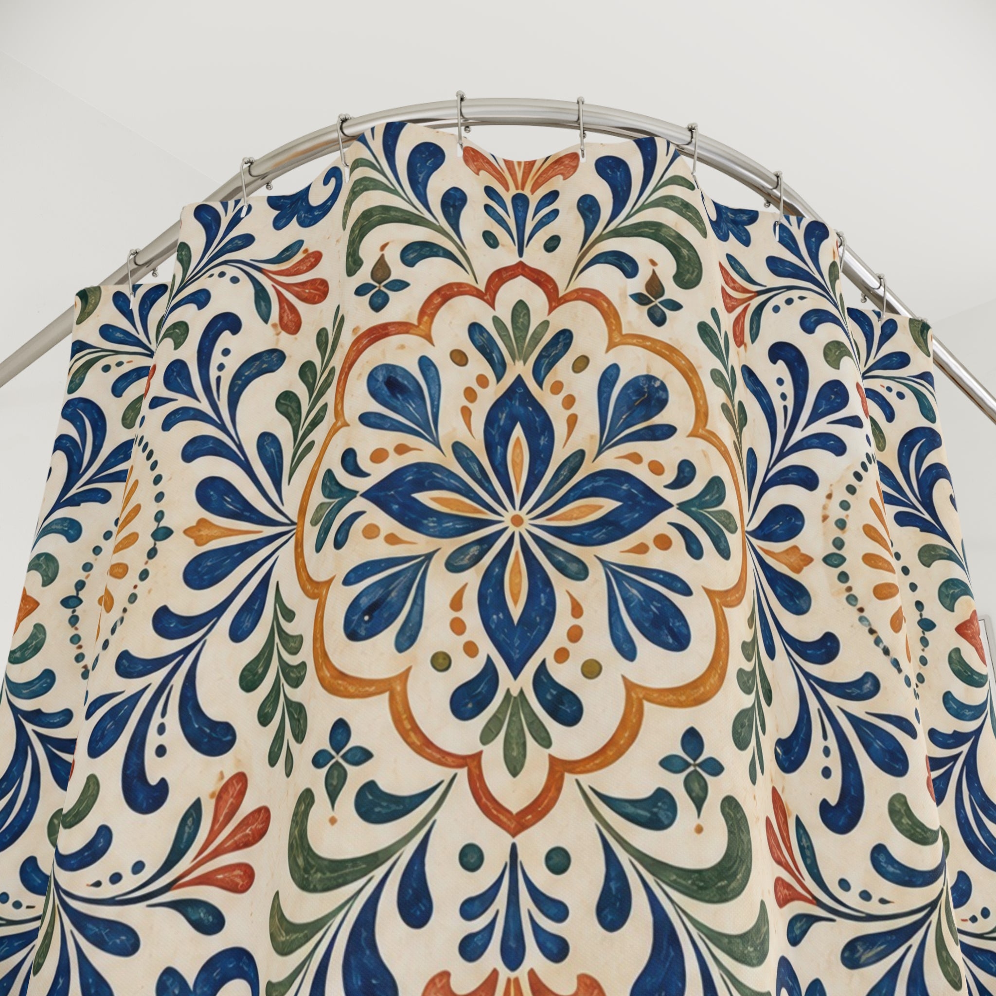 Blue Terracotta Floral Tile Shower Curtain