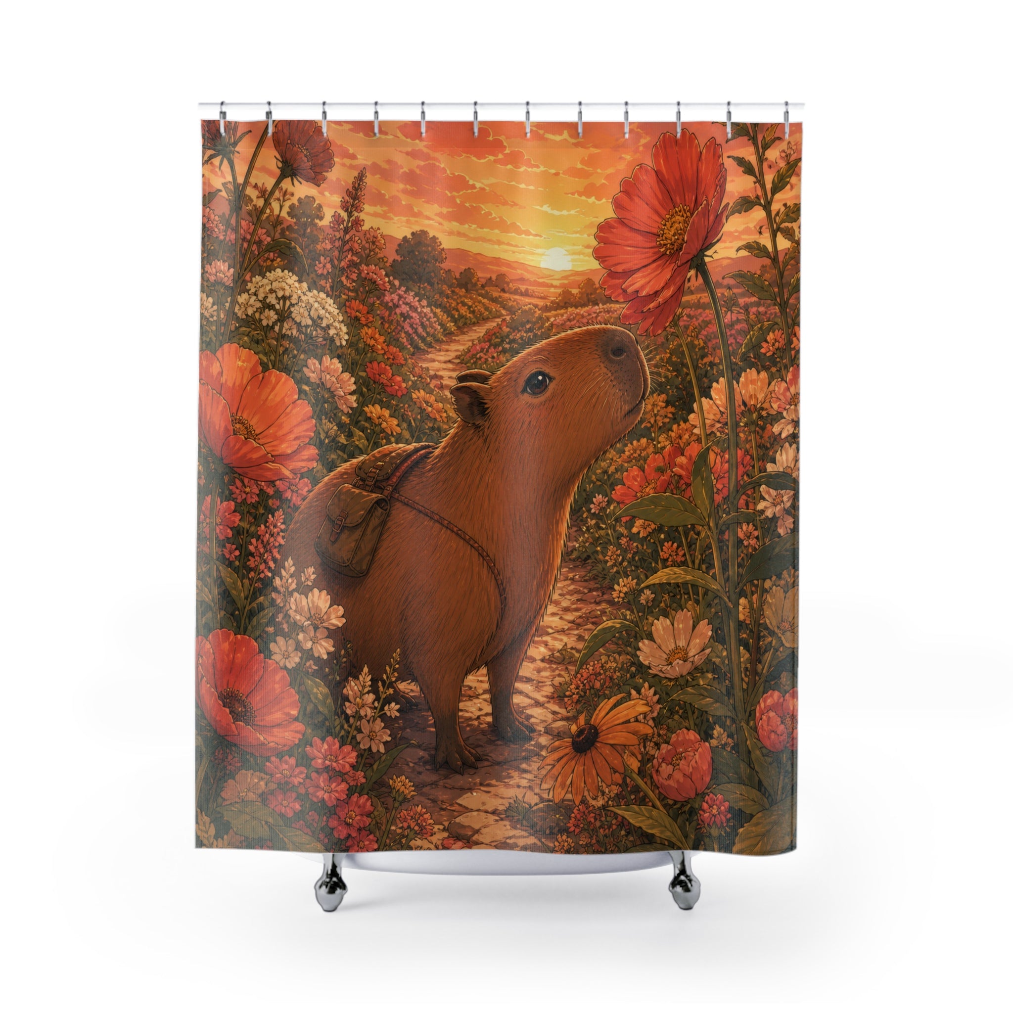 Capybara botanist walking through warm oversized wildflowers shower curtain with full front view