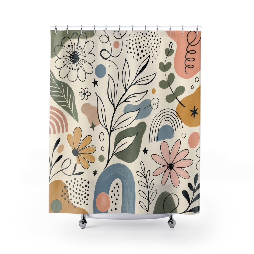 Doodle Shower Curtain, Hand Drawn Botanical Flower Bath Decor, Black Ivory Abstract Line Art, Playful Modern Guest Bathroom Style Decor