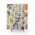 Doodle Shower Curtain, Hand Drawn Botanical Flower Bath Decor, Black Ivory Abstract Line Art, Playful Modern Guest Bathroom Style Decor