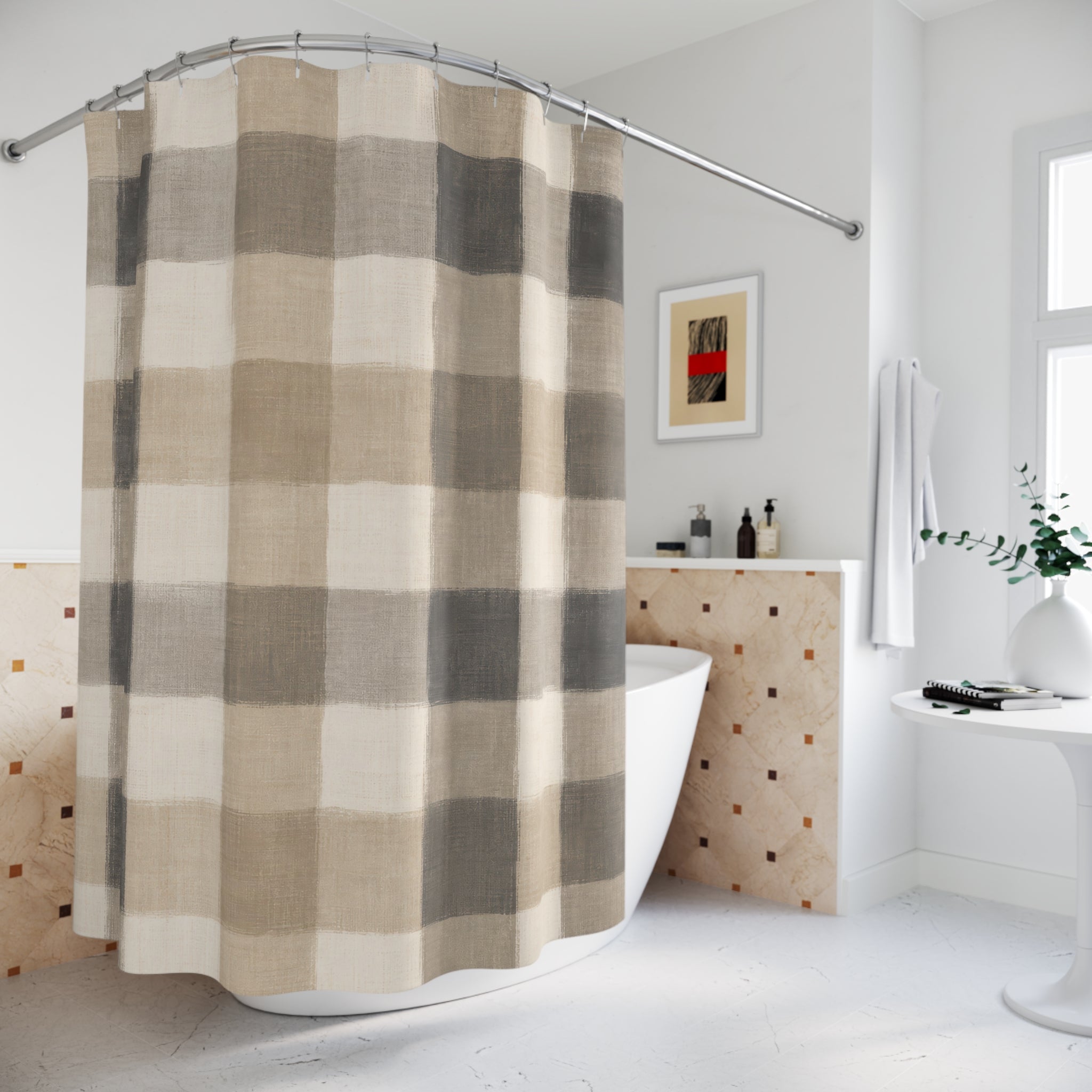 Beige Gray Buffalo Check Shower Curtain