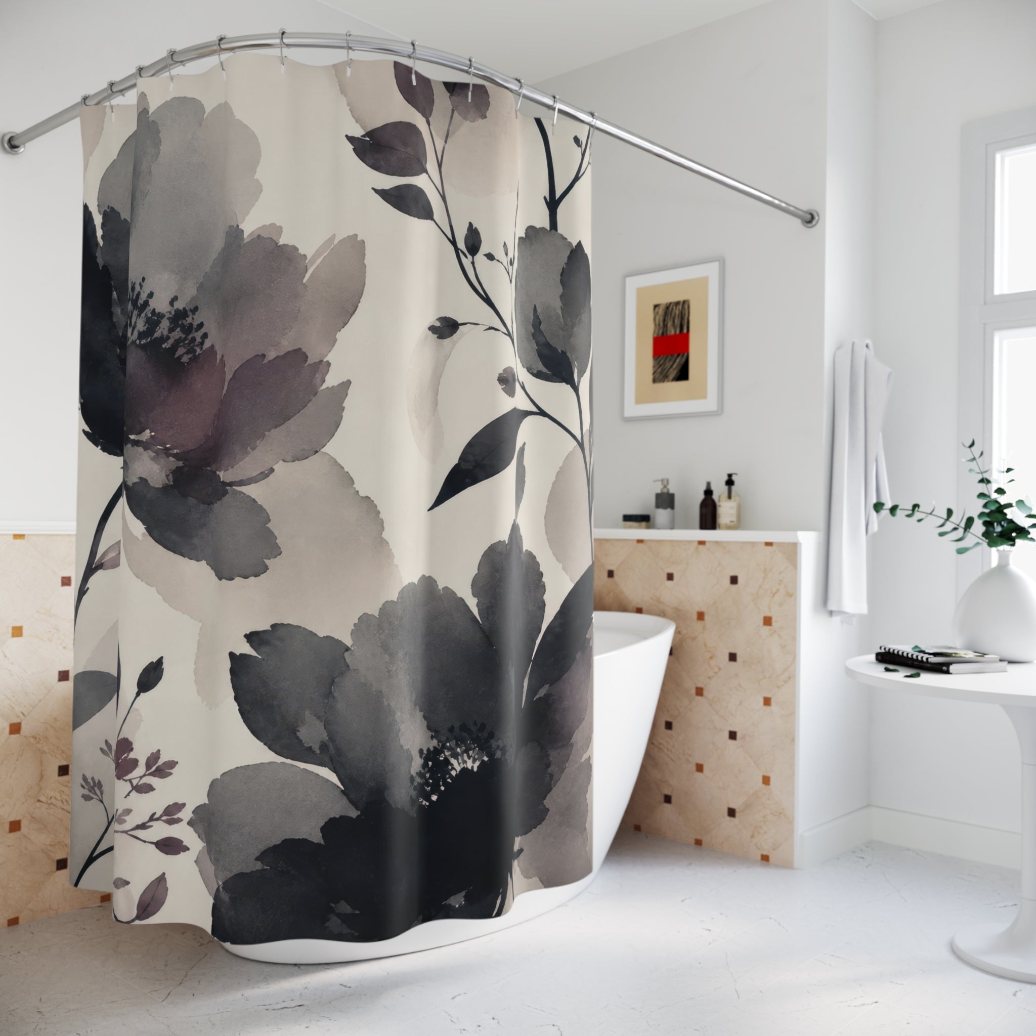 Black Gray Watercolor Flower Shower Curtain