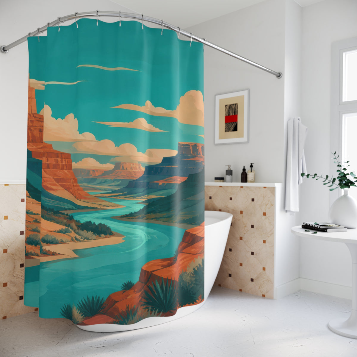 Turquoise river winding through a terracotta desert canyon shower curtain beside a freestanding tub