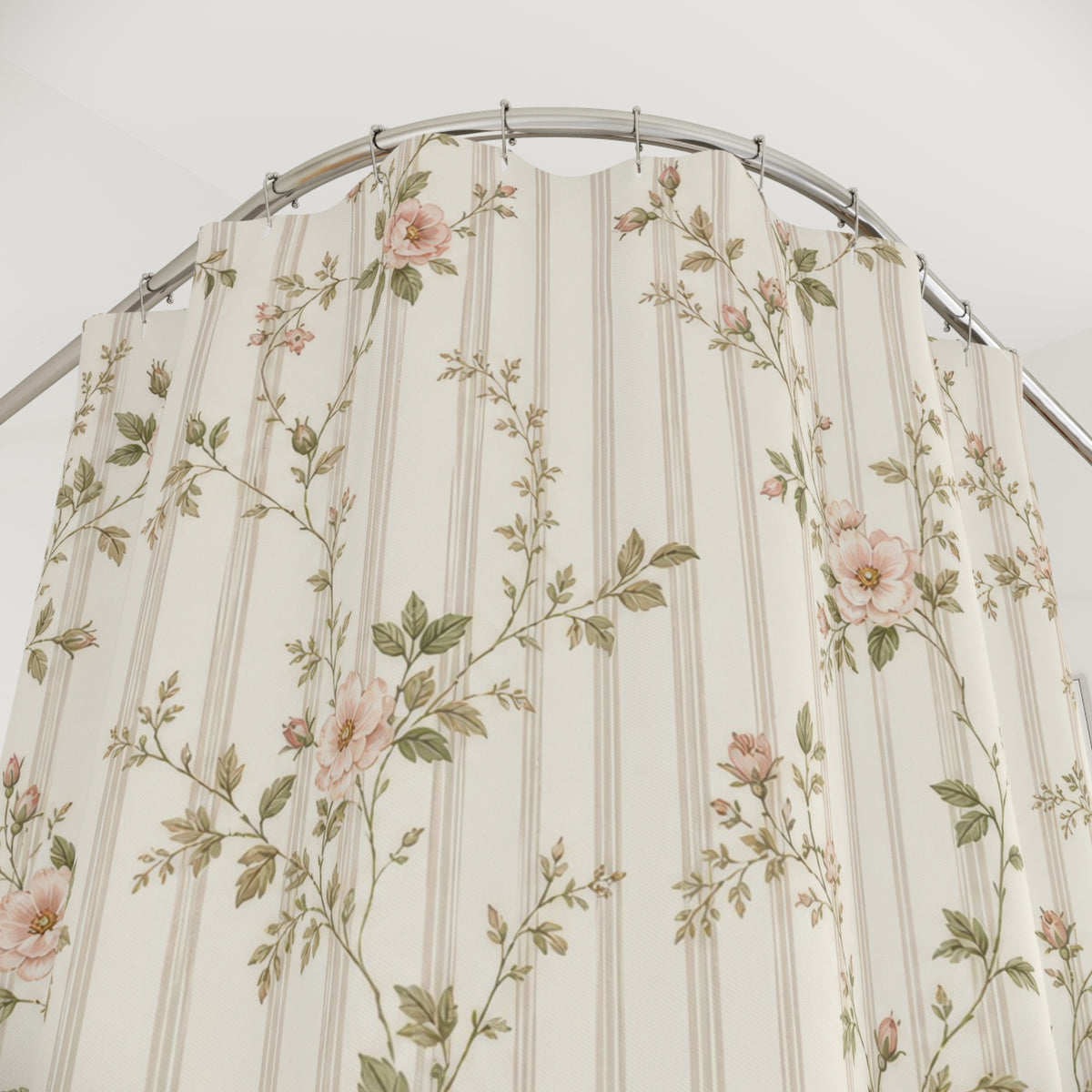 Pink Rose Vine striped pattern shower curtain with close-up print, hooks, and folds