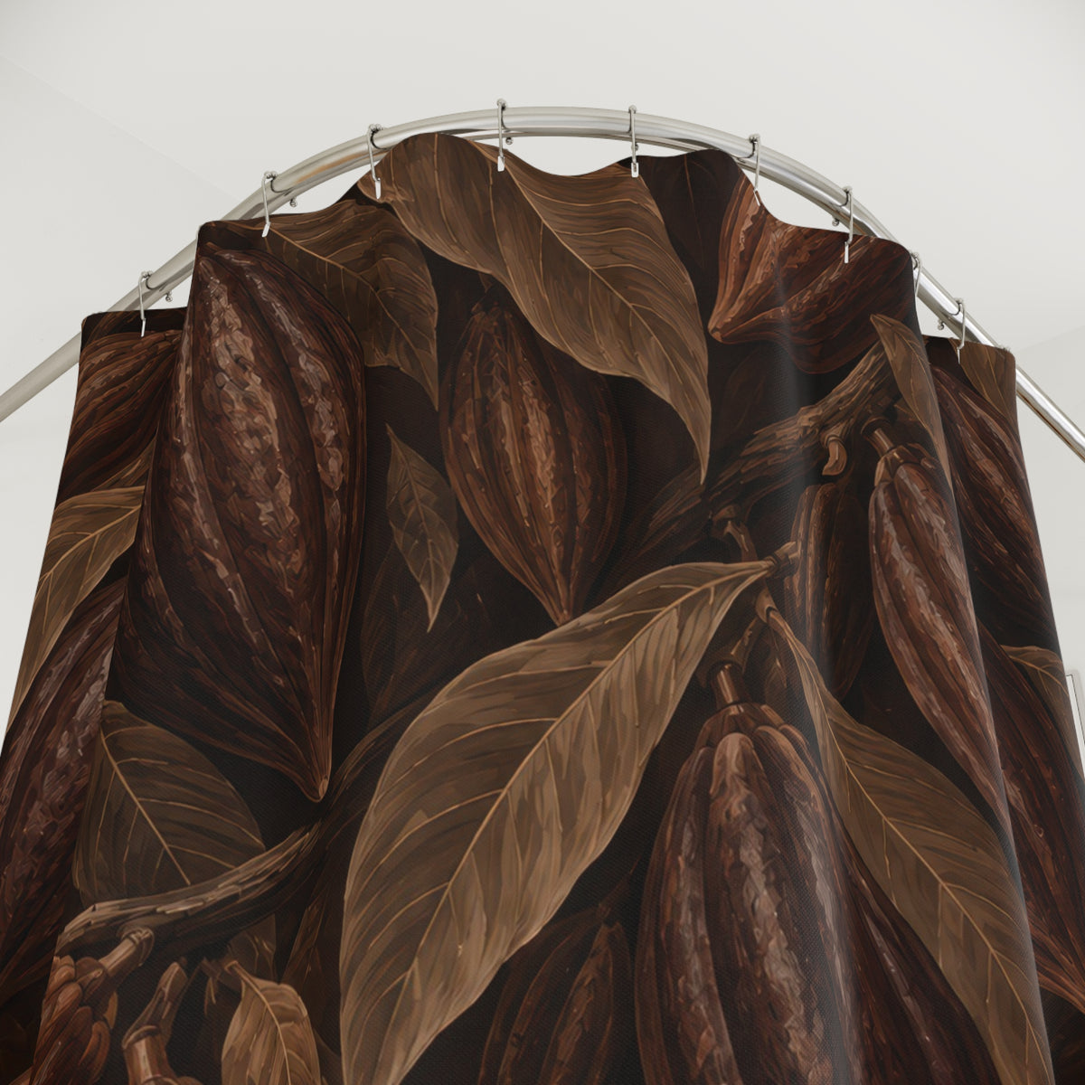 Chocolate brown cacao pods among taupe leaves shower curtain with close-up print, hooks, and folds