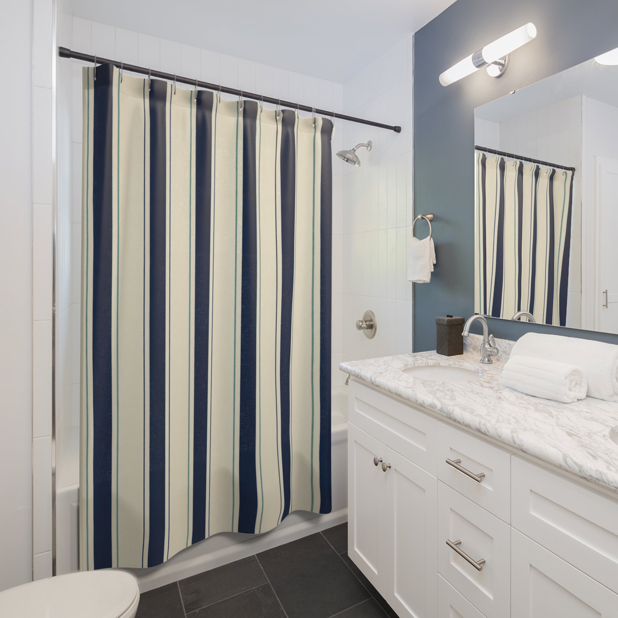 Navy Cream Vertical Stripe Shower Curtain