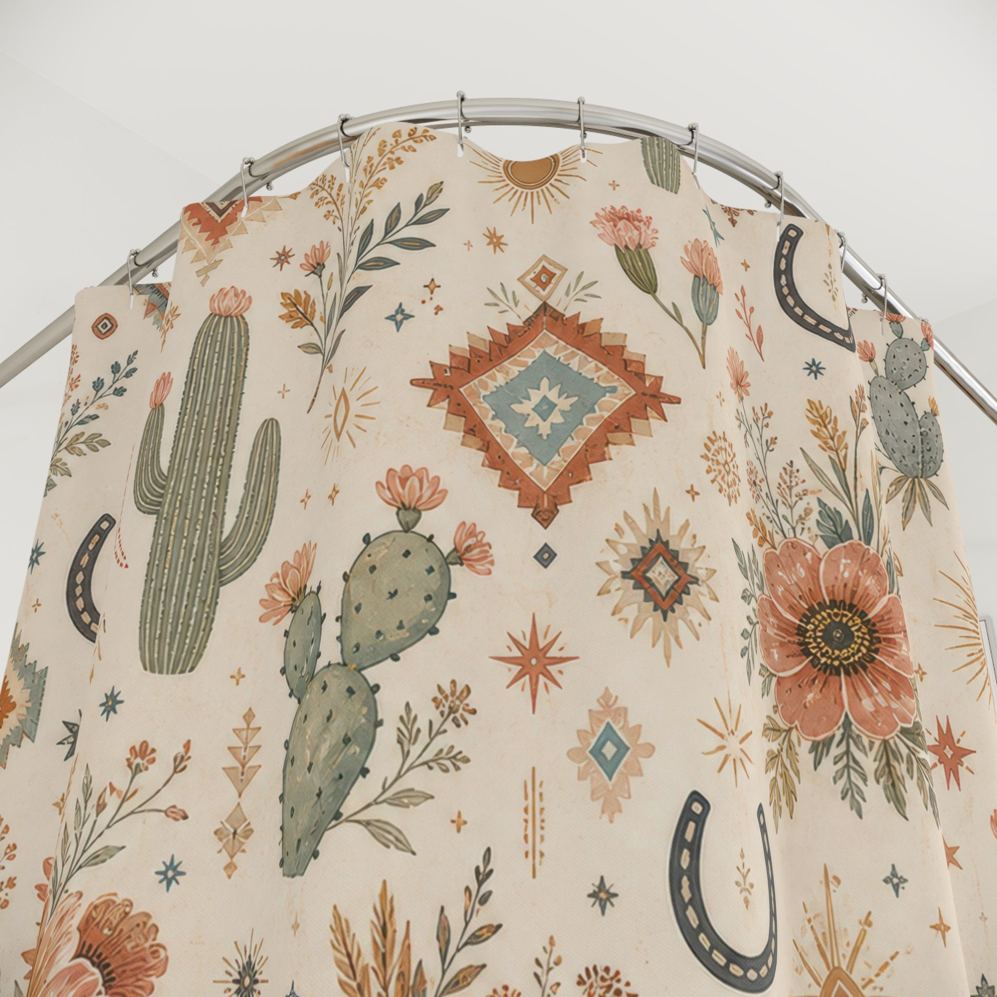 Western Boho Shower Curtain, Desert Flower Repeat Bath Decor, Terracotta Turquoise Horseshoe Pattern, Rustic Guest Bathroom Style Decor