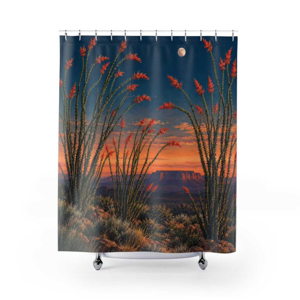 Red ocotillo flowers beneath a moon in blue and apricot sky shower curtain with full front view