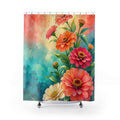 Coral teal watercolor zinnia crescent shower curtain with full front view