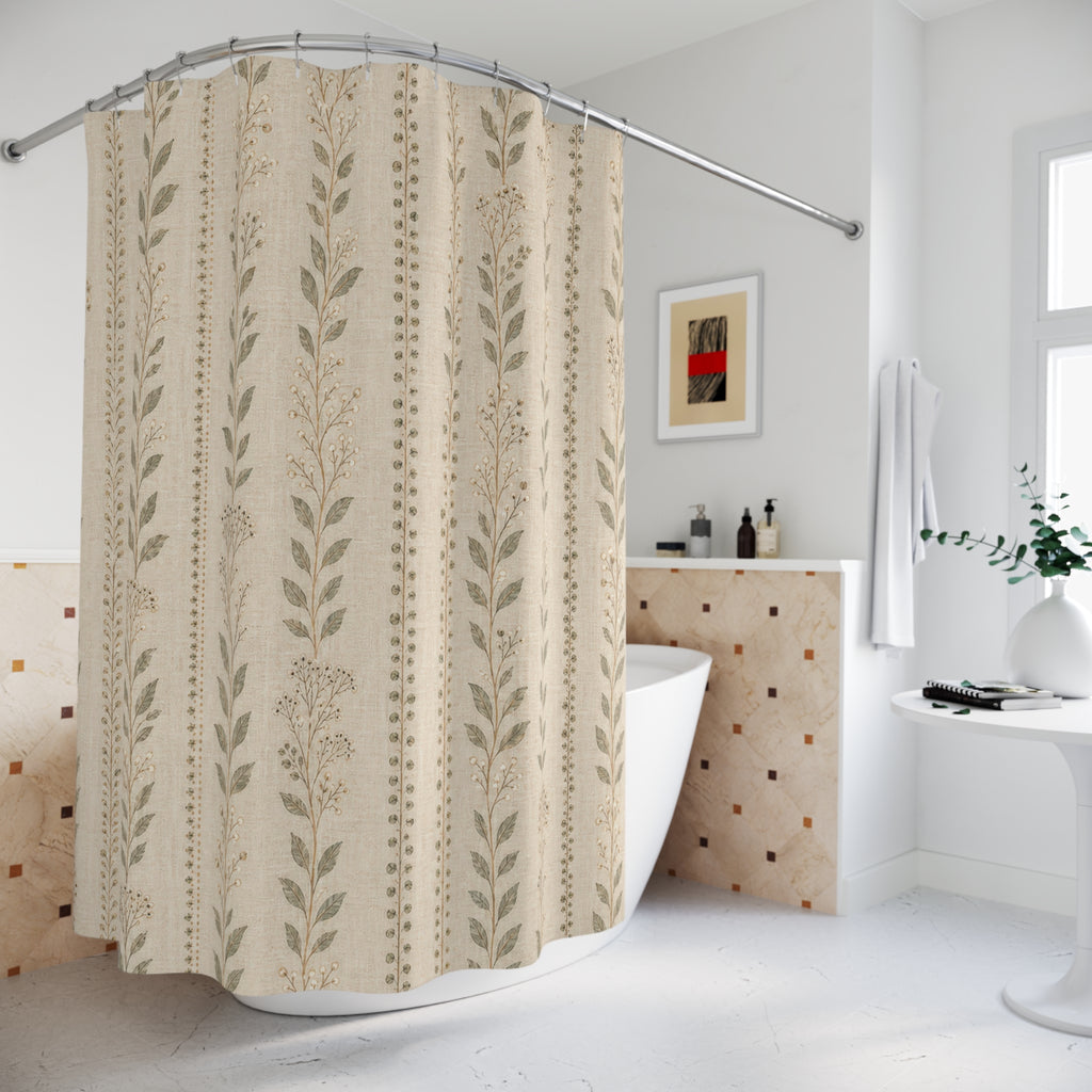 Beige Floral Stripe Farmhouse Shower Curtain