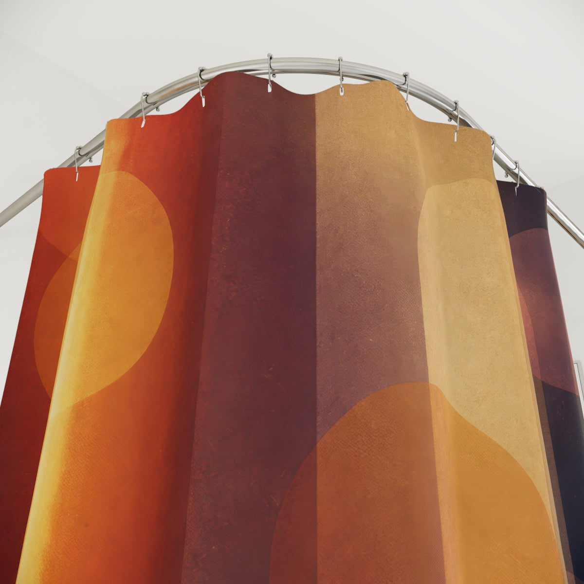 Retro Cinema Light Leak abstract shower curtain with close-up print, hooks, and folds