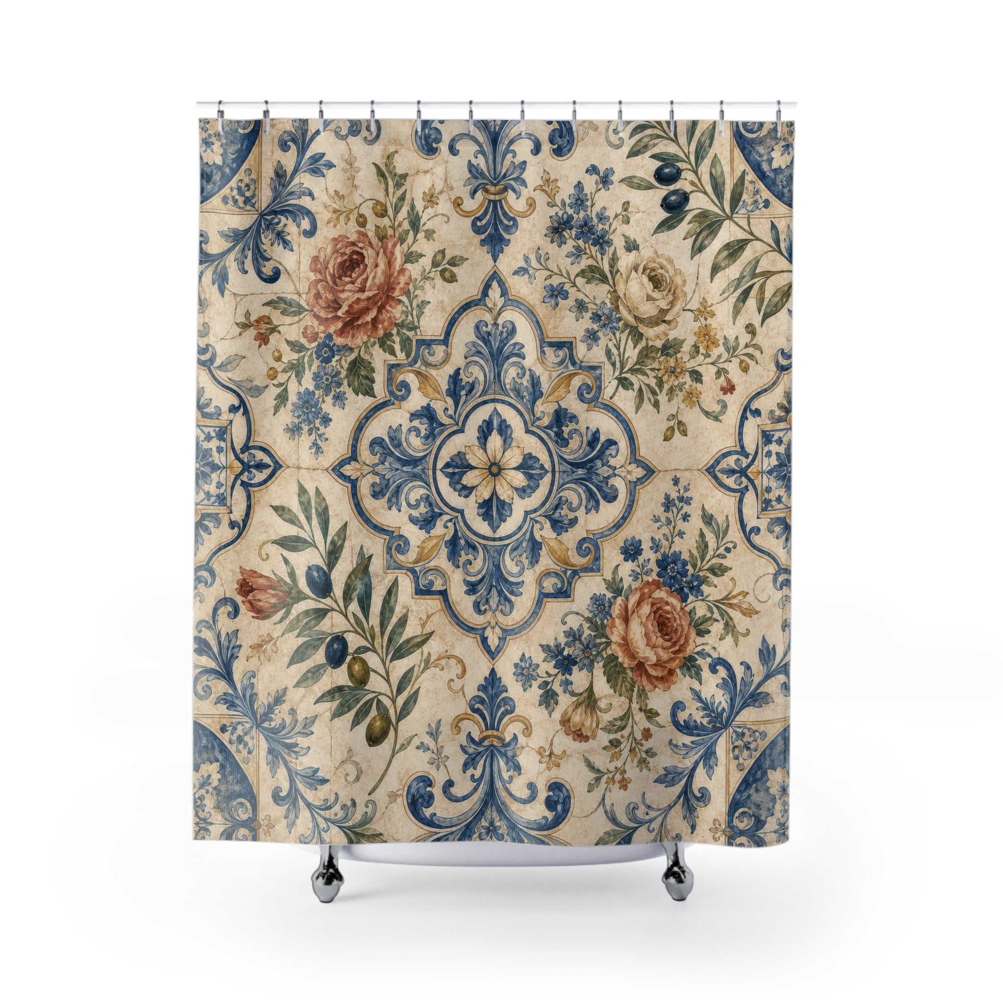 European Shower Curtain: Blue Cream Floral Tile Pattern