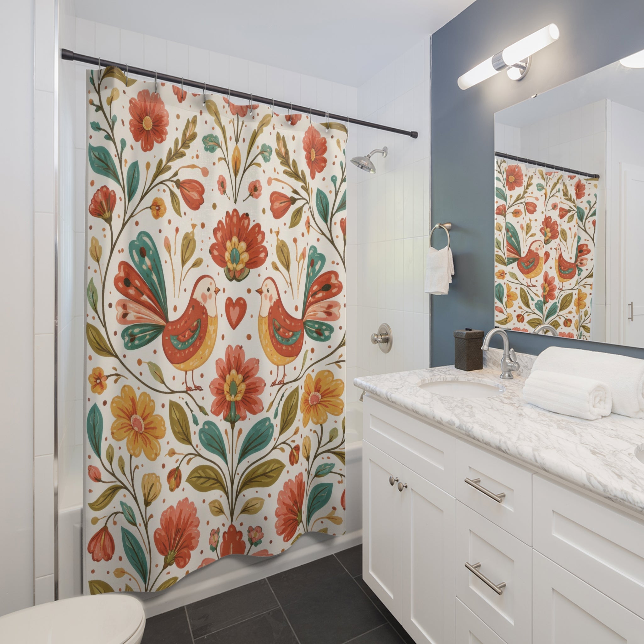Folk Art Bird Shower Curtain – Teal and Terracotta
