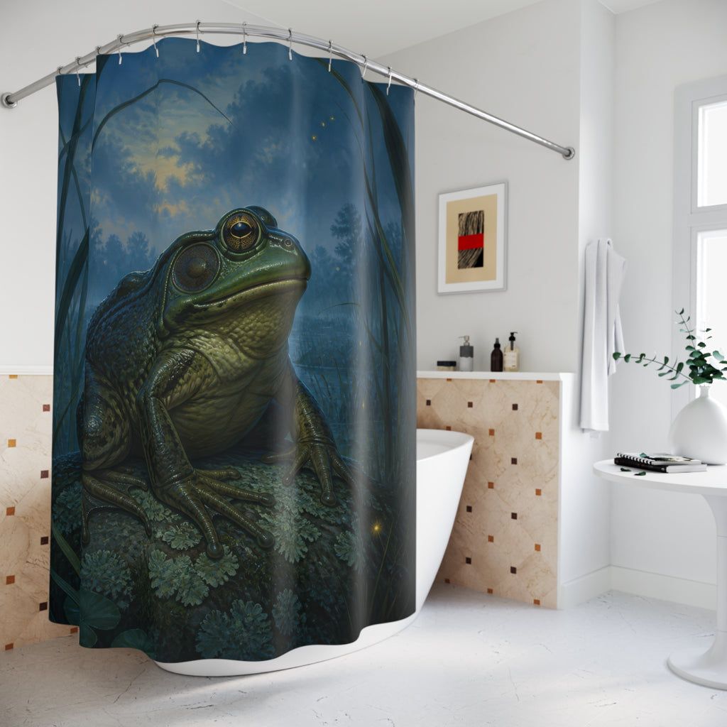 Bullfrog resting in a moonlit blue marsh shower curtain beside a freestanding tub