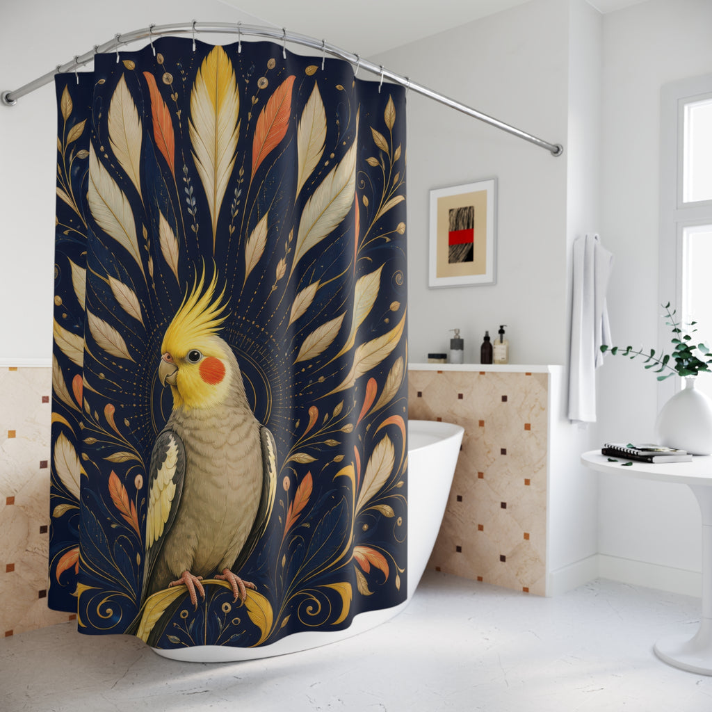 Yellow crested cockatiel in a navy feather sunburst shower curtain styled beside a freestanding tub
