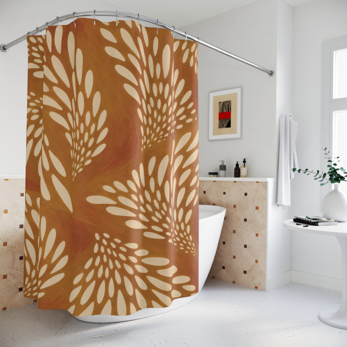Cream fawn spot fans on ochre and burnt orange shower curtain beside a freestanding tub