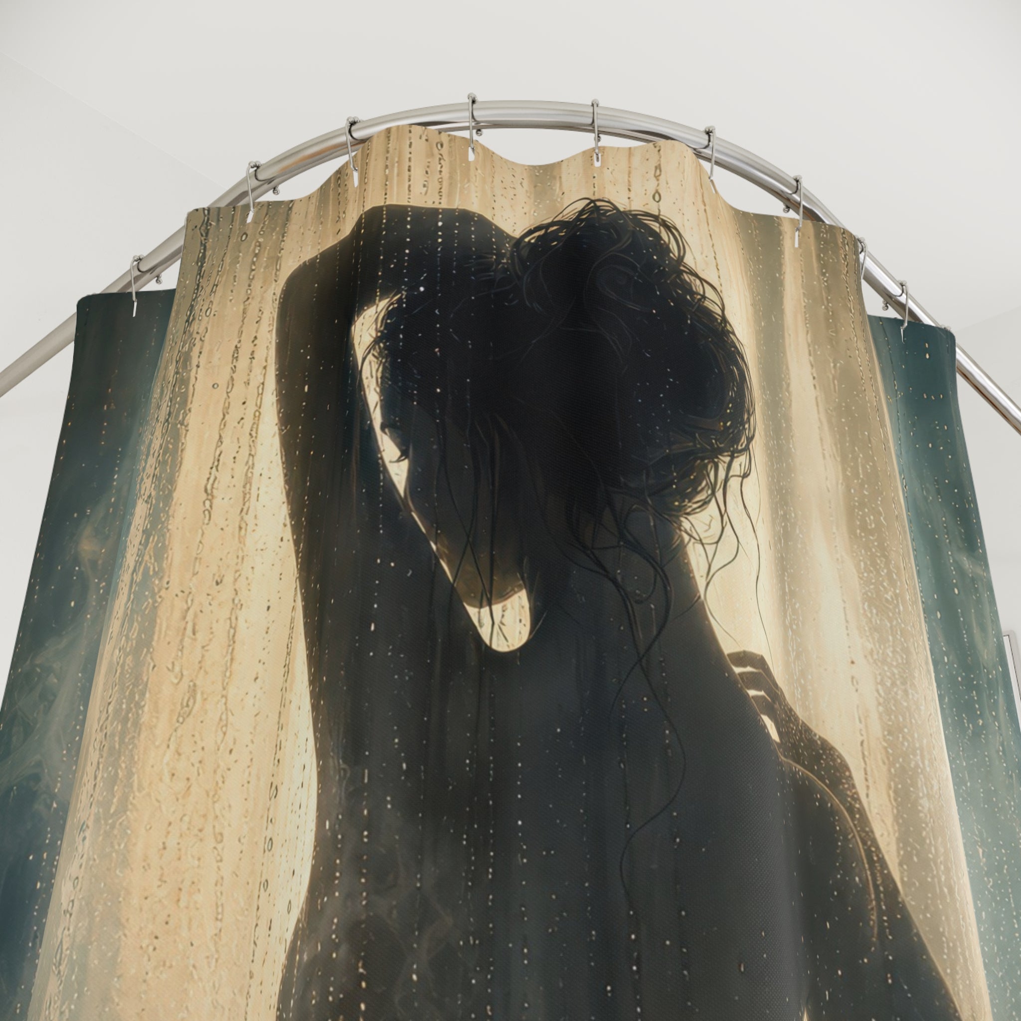 Unique Silhouette Shower Curtain, Blue Rain Light Figure Art, Moody Teal Gold Bathroom Decor, Dramatic Spa Wall Guest Bath Gift For Home