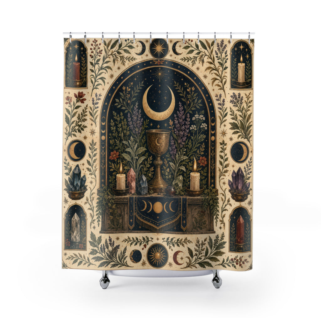 Wiccan celestial altar with moon phases chalice and crystals shower curtain with full front view